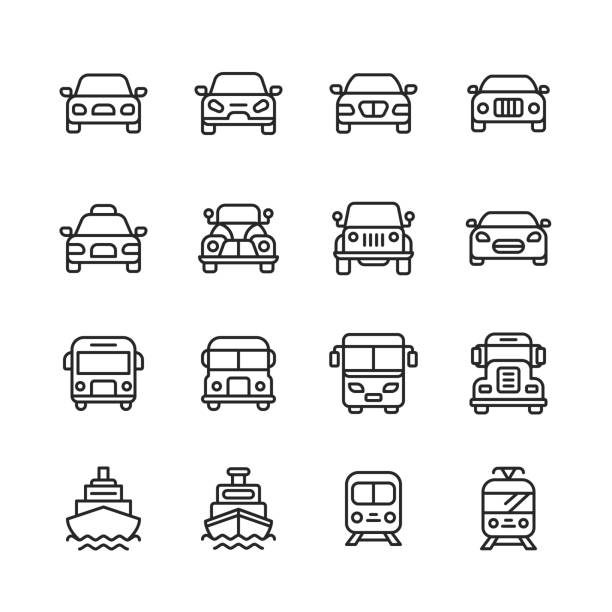Transportation Line Icons. Editable Stroke. Pixel Perfect. For Mobile and Web. Contains such icons as Transportation, Car, Vehicle, Train, Cruise Ship, Bus, Delivery, Logistics. 16 Transportation Outline Icons. car icons stock illustrations