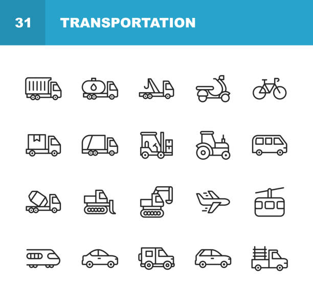 Transportation Line Icons. Editable Stroke. Pixel Perfect. For Mobile and Web. Contains such icons as Truck, Motorbike, Bicycle, Tractor, Plane, Train, Vehicle, Transport. 20 Transportation Outline Icons. truck icons stock illustrations