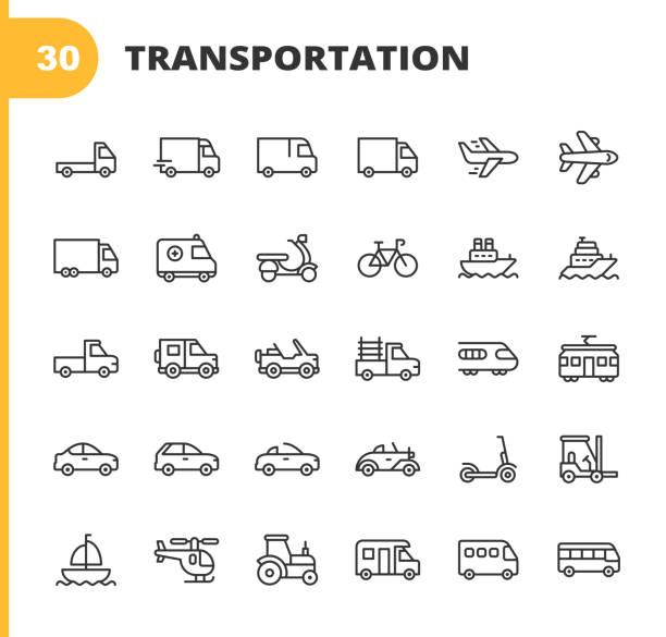 Transportation Line Icons. Editable Stroke. Pixel Perfect. For Mobile and Web. Contains such icons as Truck, Car, Vehicle, Shipping, Sailboat, Plane, Motorbike, Bicycle. 30 Transportation Outline Icons. land vehicle stock illustrations