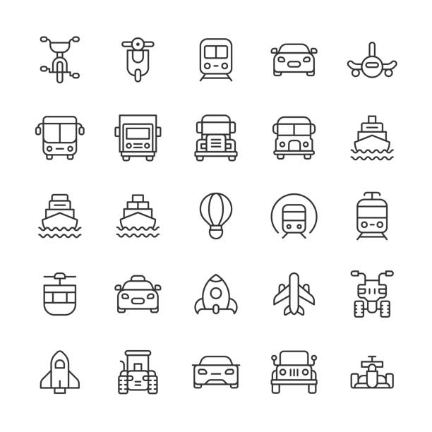 Transportation Line Icons. Editable Stroke. Pixel Perfect. For Mobile and Web. Contains such icons as Airplane, Auto, Bike, Boat, Bus, Car, Cruise, Freight, Logistic, Race Car, Rocket, Ship, Taxi, Tractor, Train, Transport, Travel, Truck, Van, Vehicle. 25 Transportation Outline Icons. Airplane, Ambulance, Auto, Automobile, Bike, Biking, Boat, Bus, Business, Car, Cruise, E-Scooter, Freight, Garbage Truck, Helicopter, Logistic, Metro, Motorbike, Motorhome, Plane, Race Car, Rocket, Running, Sailing, School Bus, Scooter, Sedan, Ship, Shipping, Spacecraft, Submarine, Taxi, Tractor, Train, Transport, Transportation, Travel, Truck, Van, Vehicle, Walking. truck icons stock illustrations