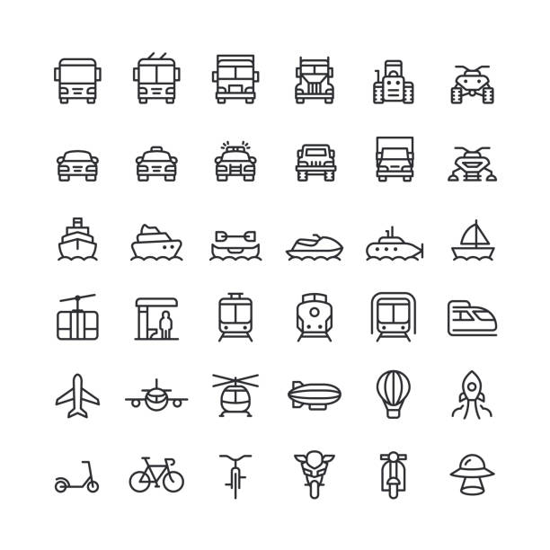 stockillustraties, clipart, cartoons en iconen met transportation line icons editable stroke - front view old jeep
