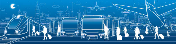 Transportation panorama. Passengers enter and exit to bus. People get on  train. Aviation travel  infrastructure. Plane is on the runway. Night city on background, vector design art Transportation panorama. Passengers enter and exit to bus. People get on  train. Aviation travel  infrastructure. Plane is on the runway. Night city on background, vector design art airport drawings stock illustrations