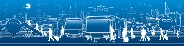 Transportation panoramic. Passengers enter and exit to the bus. Airport travel transportation infrastructure. The plane is on the runway. Night city on background, vector design art Transportation panoramic. Passengers enter and exit to the bus. Airport travel transportation infrastructure. The plane is on the runway. Night city on background, vector design art airport drawings stock illustrations
