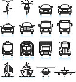 Transportation Vehicles black and white royalty free vector interface icon set. This editable vector file features black interface icons on white Background. The interface icons are organized in rows and can be used as app interface icons, online as internet web buttons, and in digital and print. 