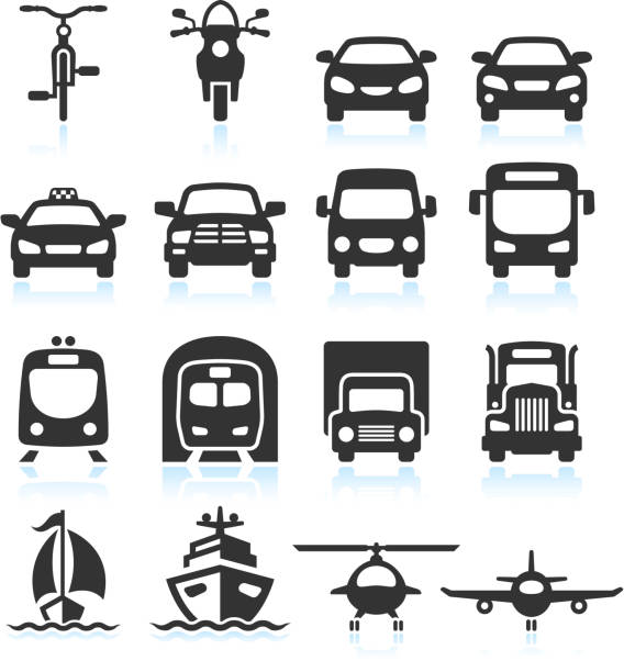 Transportation Vehicles Black & White royalty free vector icon set Transportation Vehicles black and white royalty free vector interface icon set. This editable vector file features black interface icons on white Background. The interface icons are organized in rows and can be used as app interface icons, online as internet web buttons, and in digital and print.  mini van stock illustrations