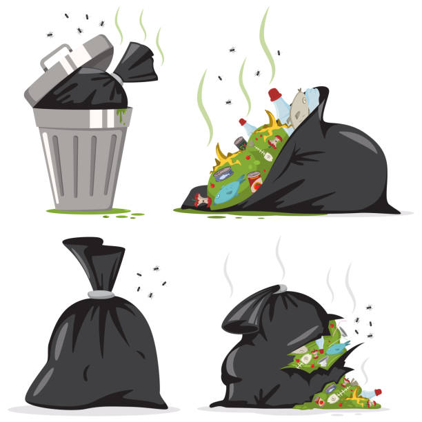 stockillustraties, clipart, cartoons en iconen met prullenbak kunt en zwarte tas met plastic en voedsel afval. vuilnis vector cartoon instellen geïsoleerd op witte achtergrond. - waste disposal