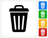 Trash Can Icon. This 100% royalty free vector illustration features the main icon pictured in black inside a white square. The alternative color options in blue, green, yellow and red are on the right of the icon and are arranged in a vertical column.