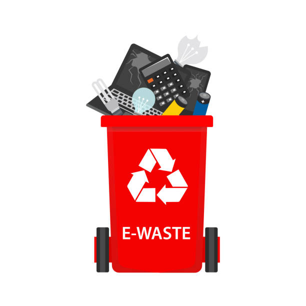 Trash can with recyclable waste sign and e-waste waste, broken gadgets, used batteries vector art illustration