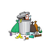 Trash cans that are full of used things, such as bottles of water, garbage bags, food waste in a white background For assembly, Or create teaching material for mothers who do Homeschool And teachers who find pictures for teaching materials such as flashcards or children's books.