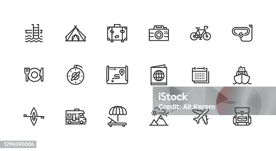 istock Travel, Airport, Suitcase, Passport, Compass, Ship, Swimming Pool Icons 1294590006