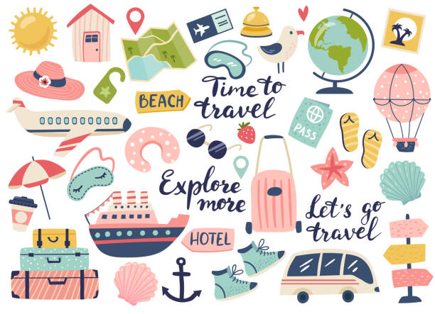 Travel and adventure tourism. Travel and adventure tourism, travel abroad, summer vacation trip set. Hand drawn vector illustration. Perfect for sticker kit, scrapbooking, poster, tags airplane drawings stock illustrations