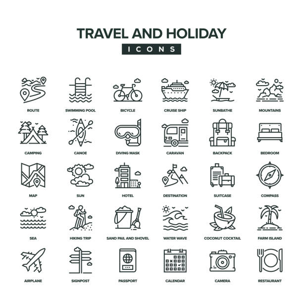 stockillustraties, clipart, cartoons en iconen met pictogram reis- en vakantielijnset - fietsen strand