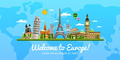 Welcome to Europe, travel on the world concept, traveling flat vector illustration.