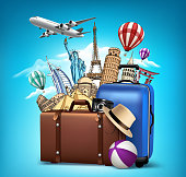 Travel and Tourism with Famous World Landmarks in 3d Realistic and Drawing Elements. Vector Illustration