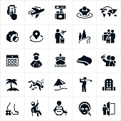 A set of travel and vacation related icons. The icons include reservations using smartphone, a commercial airplane, renting a car, a person sitting in a hot-tub, world travel, a camera, map marker, person with luggage, travel destinations, forest, hotel check-in, calendar, bellhop, cruise ship, coast, beach, taking selfie, palm tree, scuba-diving, beach umbrella, golfing, hotel, spa, rappelling, hiking and a doorman to name a few.