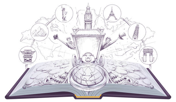 stockillustraties, clipart, cartoons en iconen met travel around the world in 80 days open book - book tower