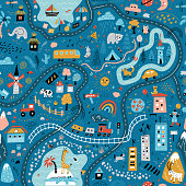 istock Travel around the world play mat for children. Baby land map vector seamless pattern. Kid carpet with cute doodle roads, nature, city, village, forest, sea and wild animals. Blue background 1328763502