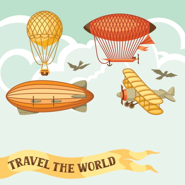 ilustrações de stock, clip art, desenhos animados e ícones de travel background with retro air transport. vintage aerostat airship, blimp and plain in cloudy sky - aerial container ship