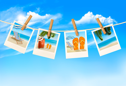 Travel background with vacation photos hanging on a rope. Vector