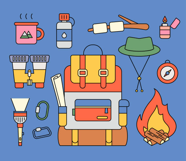 Travel backpack and equipment vector art illustration
