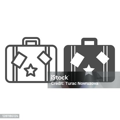 istock Travel bag line and solid icon, Sea cruise concept, vintage suitcase with stickers sign on white background, luggage icon in outline style for mobile concept and web design. Vector graphics. 1281185124