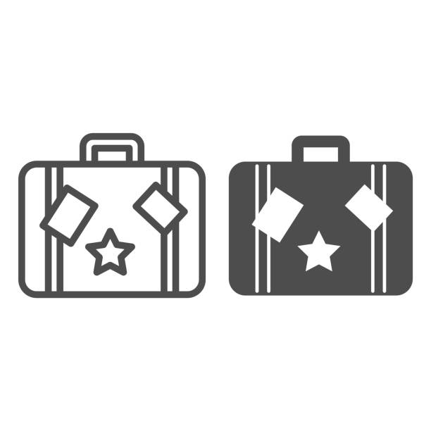 旅行袋線和固體圖示,海上巡航概念,老式手提箱與貼紙標誌在白色背景,行李圖示在輪廓風格為移動概念和網頁設計。向量圖形。 - 小型旅行箱 插圖 幅插畫檔、美工圖案、卡通及圖標