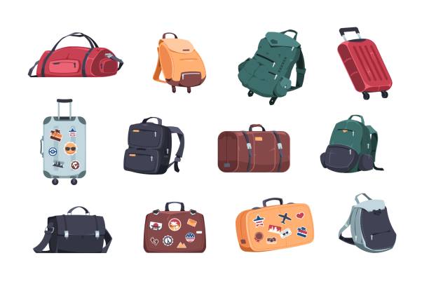 stockillustraties, clipart, cartoons en iconen met travel bags. cartoon knapsack and suitcase. tourist case with stickers. camping and hiking rucksack. journey and adventure baggage. travelers luggage. vector traveling backpacks set - packing suitcase