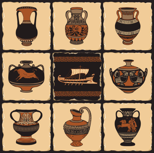 travel banners on the theme of Greek culture Vector banner on the theme of Ancient Greece in the form of a set of stone tiles, clay or ceramic tiles in retro style. Illustrations with Greek ornaments, amphorae and Ancient Greek ship. laconia greece stock illustrations