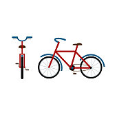 Travel bicycle, front and side view. Bike for travel. Hobby. Flat style Vector Illustration isolated on white Background.