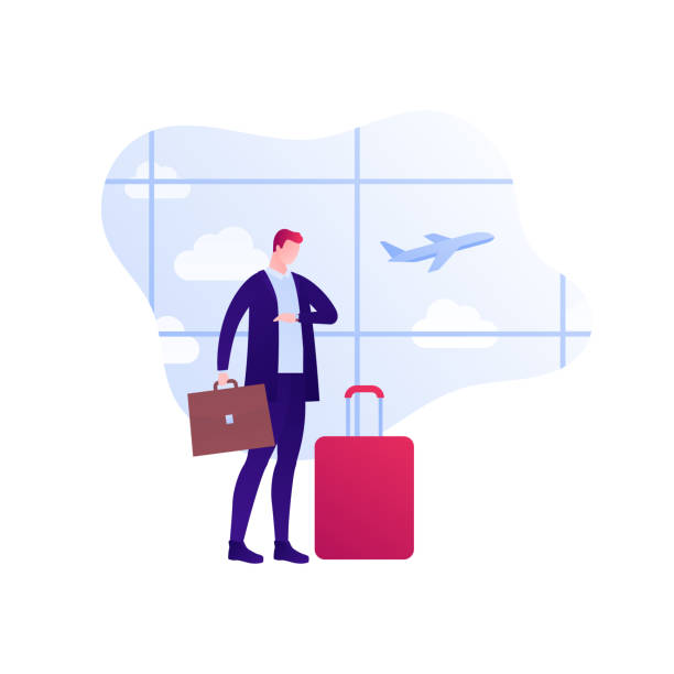 비행기 개념으로 여행. 벡터 플랫 사람 그림입니다. 가방과 가방늦게 까지 양복을 입은 남자. 구름과 비행기와 공항 창. 배너, 배경, 스케치에 대한 설계 요소입니다. - business travel stock illustrations