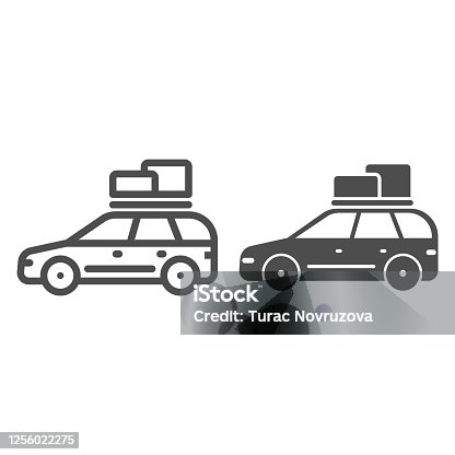 istock Travel car line and solid icon, Summer trip concept, Car rides on picnic sign on white background, automobile with boxes on roof icon in outline style for mobile concept, web design. Vector graphics. 1256022275
