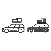 istock Travel car line and solid icon, Summer trip concept, Car rides on picnic sign on white background, automobile with boxes on roof icon in outline style for mobile concept, web design. Vector graphics. 1256022275