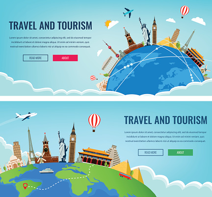 Travel composition with famous world landmarks. Travel and Tourism.