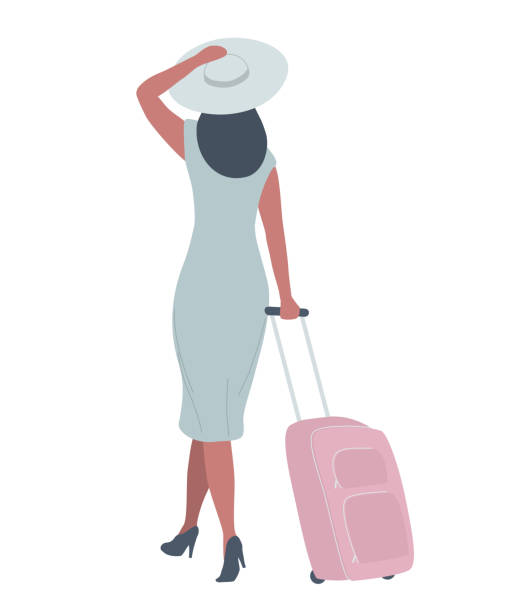 Travel concept. A woman in a gray dress with a pink suitcase in her hand vector art illustration