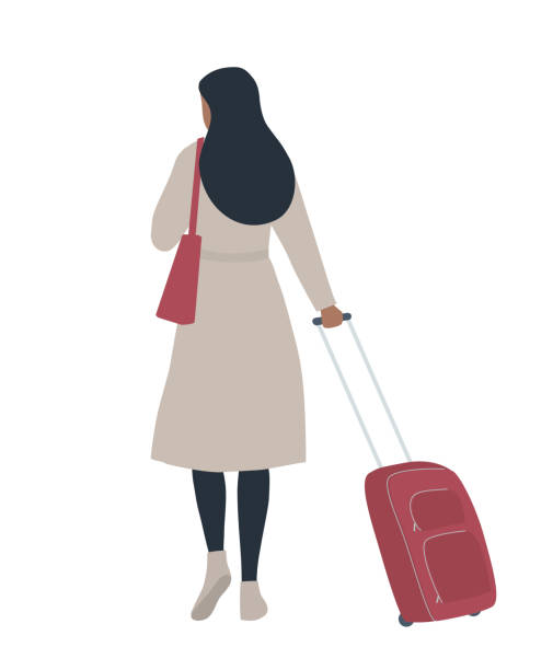 Travel concept. A woman with a red suitcase in her hand vector art illustration