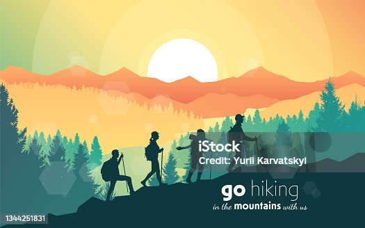 istock Travel concept of discovering, exploring, observing nature. Hiking tourism. Adventure. A team of friends climbs the mountains. Teamwork. Vector polygonal landscape illustration. Minimalist flat design 1344251831
