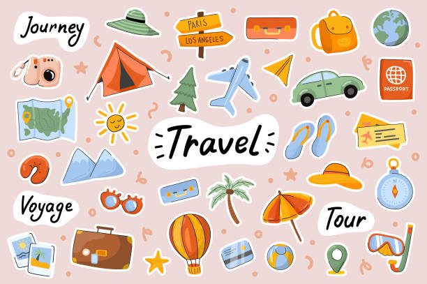 Travel cute stickers template set. Bundle of camping journey, sea resort tour, voyage, global tourism, baggage, traveler objects. Scrapbooking elements. Vector illustration in flat cartoon design Travel cute stickers template set. Bundle of camping journey, sea resort tour, voyage, global tourism, baggage, traveler objects. Scrapbooking elements. Vector illustration in flat cartoon design travel icons stock illustrations