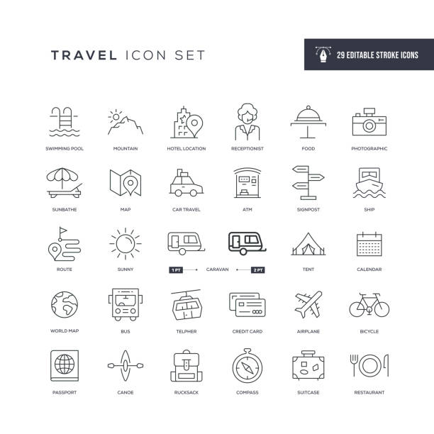 stockillustraties, clipart, cartoons en iconen met pictogrammen voor reisbewerkbare lijnen - caravan