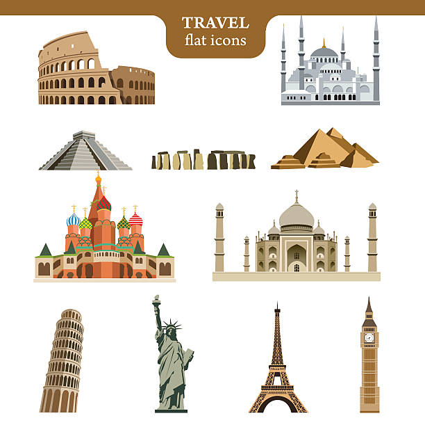 Travel flat vector icons set Set of colorful vector icons of the most famous places in the world on wight background monument stock illustrations