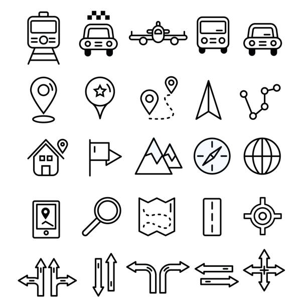 Travel icons in flat solid line design. Map markers and transportation signs and symbols. Tourism navigation vector outline elements. Travel icons in flat solid line design. Map markers and transportation signs and symbols. Tourism navigation vector outline elements. local landmark stock illustrations