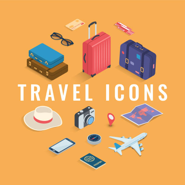 i̇zometrik tarzı simgeleri seyahat. seyahat ve turizm kavramı. vektör - seyahat noktaları illüstrasyonları stock illustrations