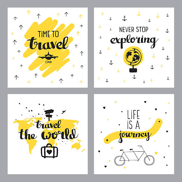 ilustrações de stock, clip art, desenhos animados e ícones de travel inspiring quotes - happy traveling