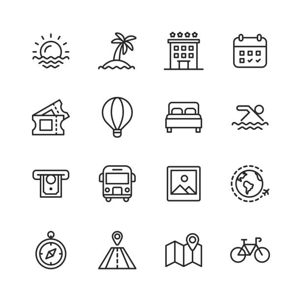 Travel Line Icons. Editable Stroke. Pixel Perfect. For Mobile and Web. Contains such icons as ---. 16 Travel Outline Icons. beach icons stock illustrations
