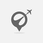 Travel agency logo with GPS map pointer icon and airplane travel logo vector design illustration
