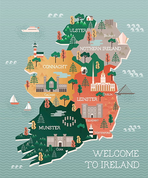 Travel map of Ireland with landmarks and cities Flat vector illustration with stylized travel map of Ireland. The landmarks and main cities like Dublin and Belfast. Text Welcome to Ireland hse ireland stock illustrations