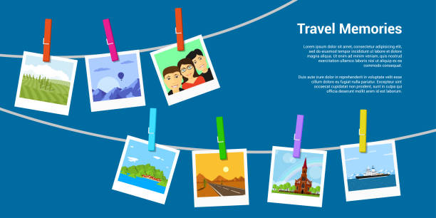 Travel memories concept picture of photographs pinned to clothesline with clothespins, flat style banner, travel and vacation concept getting away from it all photos stock illustrations
