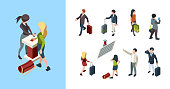 Travel people isometric. Touristic persons family couples businessman with bag 3d luggage vector characters. Travel with bag, man and woman isometric illustration