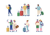 Travel people in summer clothes with baggage. Tourists characters on holiday vacation. Journey and explore concept. Flat cartoon modern vector illustration isolated on white background.
