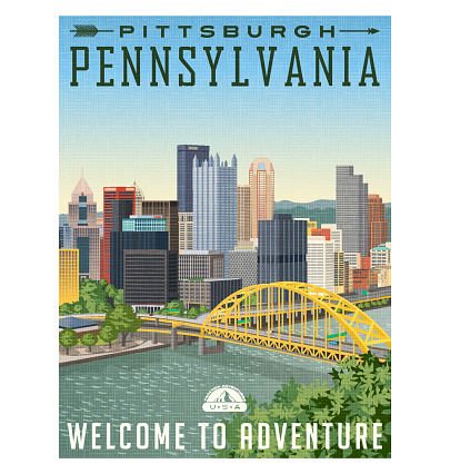 vintage style travel poster or luggage sticker of Pittsburgh Pennsylvania with river, bridge and skyline.