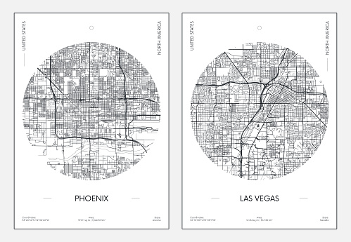 Travel poster, urban street plan city map Phoenix and Las Vegas, vector illustration